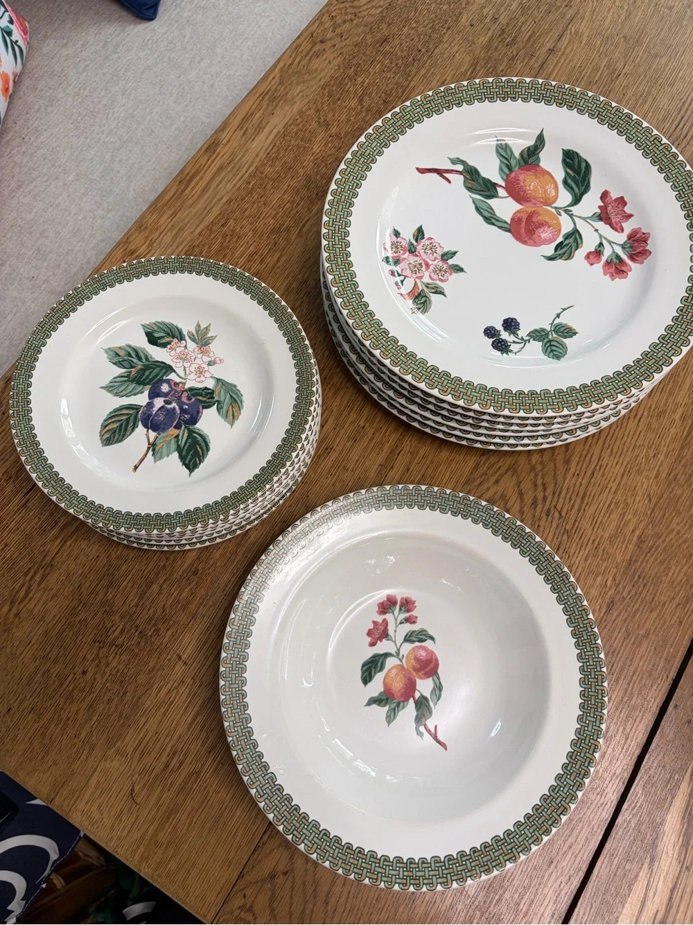 White Ceramic Fruit-Pattern Dinnerware Bowl with Green Trim